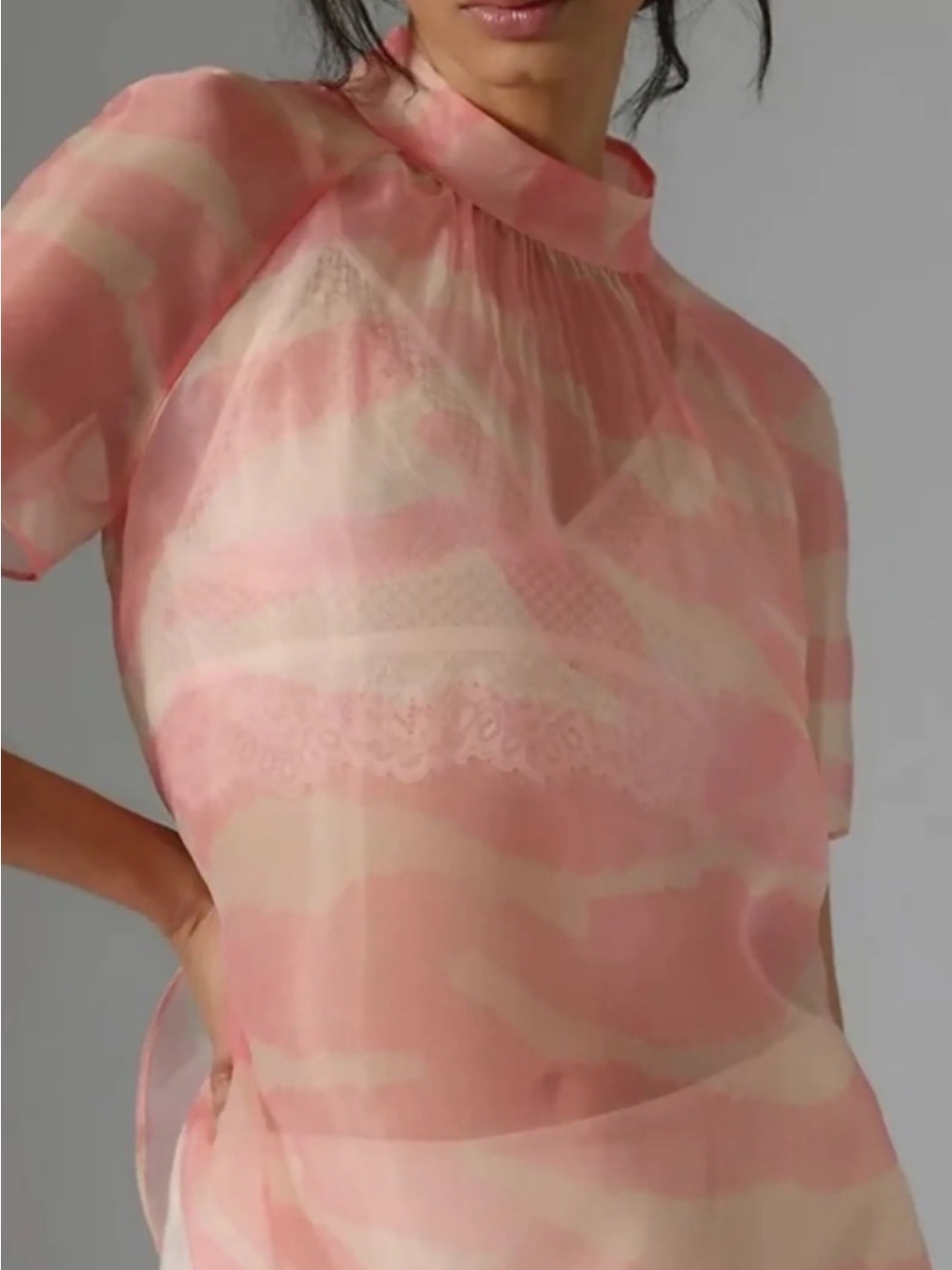 Anthropologie Daniel Rainn Mock Neck Sheer Zebra Print Blouse Pink XL (1X)